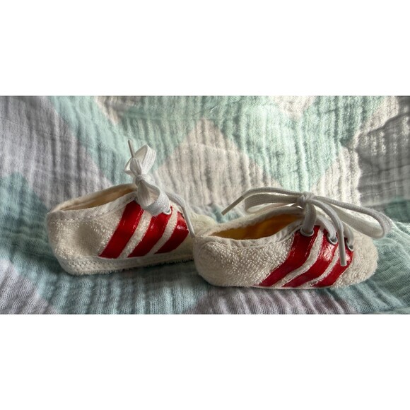 Vintage Red-Stripe Terry Cloth Baby Sneakers — Tiny Retro Track Stars - Picture 3 of 9
